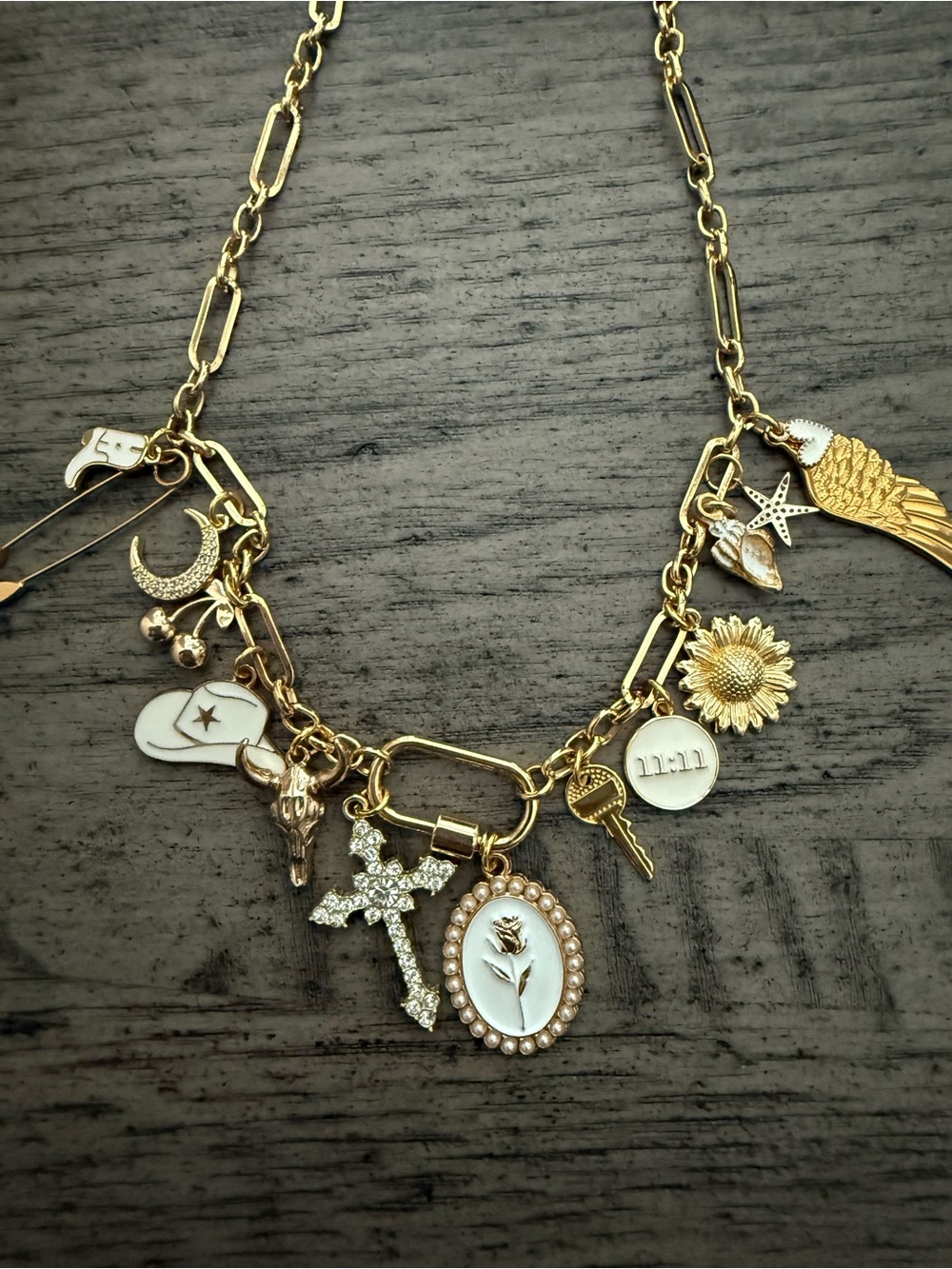 Gold Charm Necklace with White Enamel and Crystal Accents